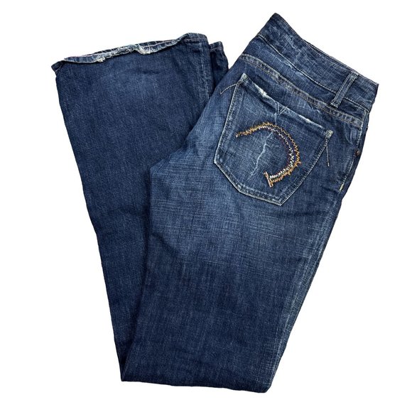 Sacred Boot Cut Flare Jeans Dark Blue Distressed Embroidery Women’s Waist 32 USA - Picture 1 of 12